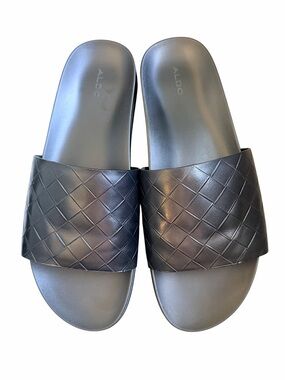 ALDO men's slides sandals, leather upper mock weave, black, open front, sz 12